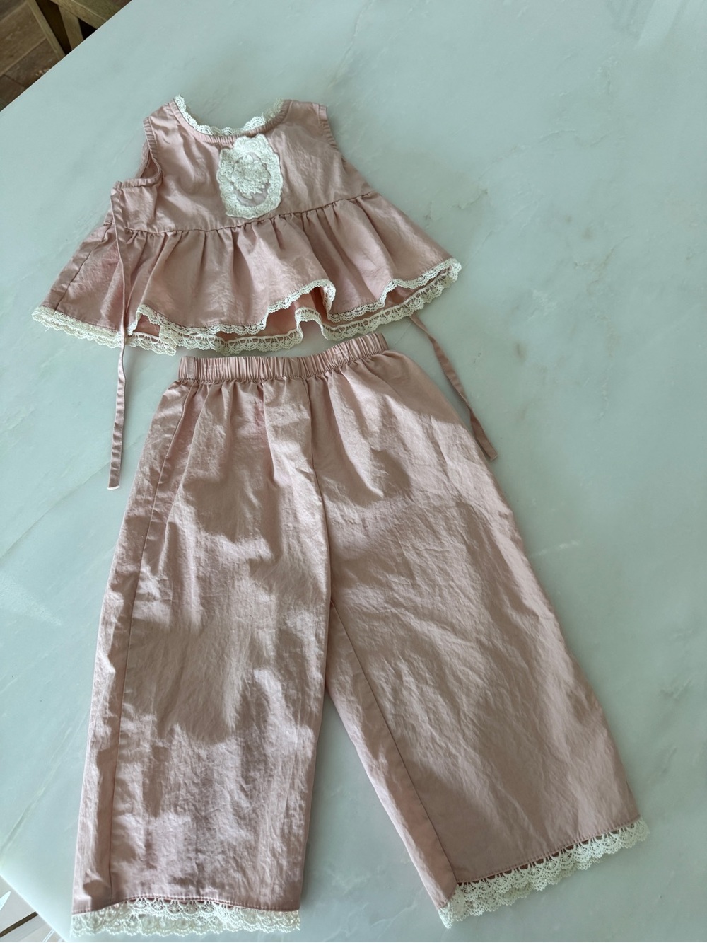 Pink Lace-Trim Kids Cotton set- Soft Pink
